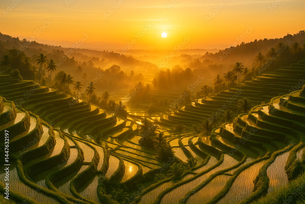 Naklejka premium Golden Reflections: The Beauty of Terraced Fields at Dawn
