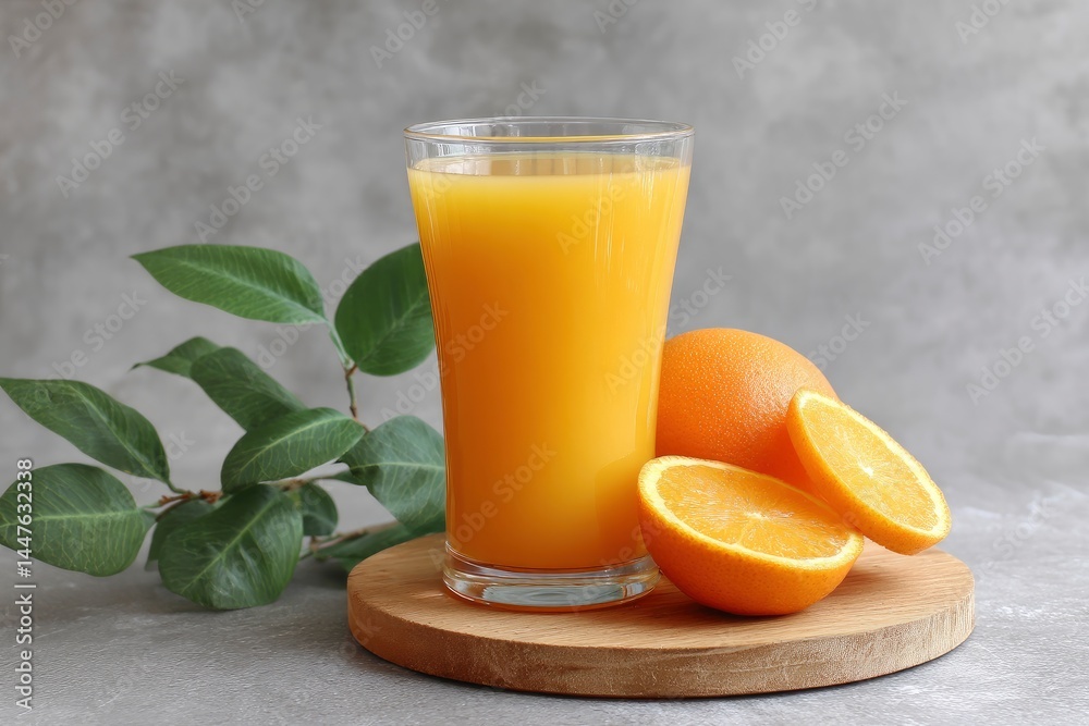 Fototapeta premium Orange Juice Glass with Orange Slice on Wooden Board