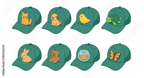 Adorable animal icon set on caps – cat, dog, chick, turtle, rabbit, bear, fish, butterfly
