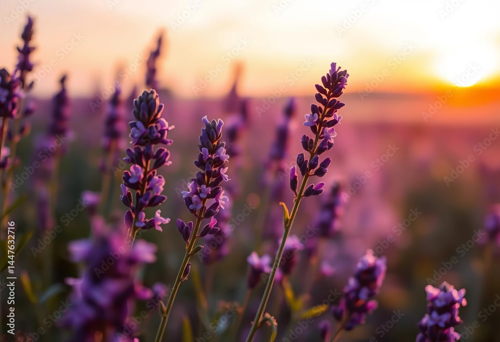 Obraz premium Soft focus lavender sunset, blooming violet fragrant flowers in summer field Copy space, sunset, sunset landscape