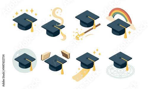 Magical graduation icons set – cap, stars, rainbow, wand, diploma, spellbook