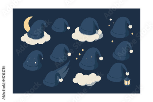 Dreamy hat icons set – moonlit, clouds, stars, nightcaps, magic, lantern