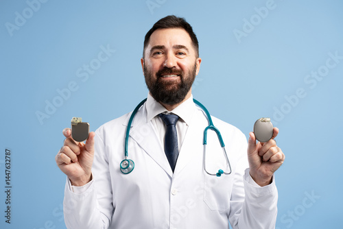 Doctor showing cardiac pacemakers, innovative medical technology for heart health