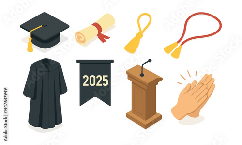 Graduation day icons set – cap, diploma, tassel, gown, banner, podium, applause