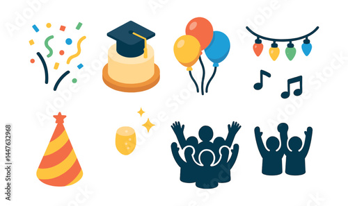 Graduation celebration icons set – cap, balloons, lights, music, confetti