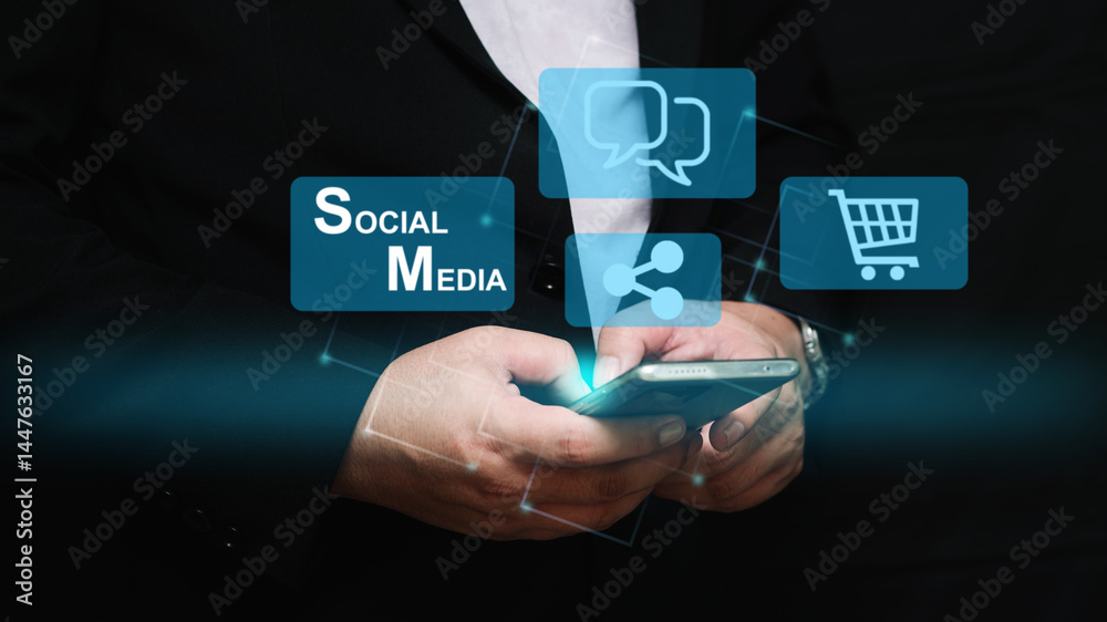 Businessman using smartphone with floating social media, chat, and shopping icons. Concept of digital communication, e-commerce, and online marketing strategy. Businessman using smartphone with floating social media, chat, and shopping icons. Concept of digital communication, e-commerce, and online marketing strategy.