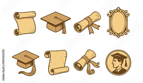 Vintage graduation icons set – cap, diploma, portrait, scrolls, frame