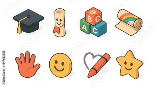 Kindergarten graduation icons set – cap, diploma, blocks, rainbow, hand, smiley, heart, crayon, star