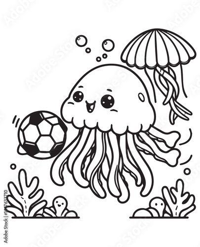 Coloring book jellyfish kicking a soccer ball underwater with another jellyfish