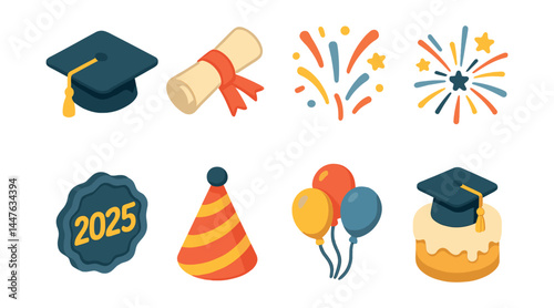 Graduation celebration icons set – cap, diploma, fireworks, 2025, party hat, balloons, cake