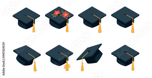 Isometric graduation caps icons set – tassels, floral, 2023, hats, education, celebration, academic