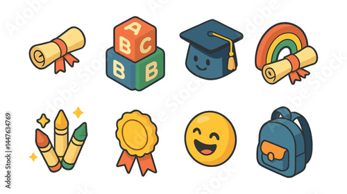 Kindergarten graduation icons set – diploma, cap, blocks, crayons, medal, rainbow
