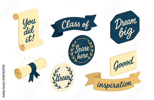Graduation celebration icons set – scroll, dream big, class of, achievement
