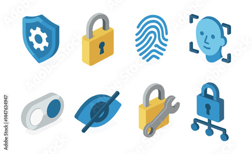 Privacy settings icons set – lock, shield, fingerprint, face, eye, toggle, hierarchy