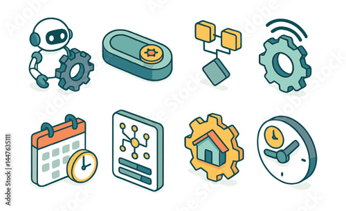 Automation and smart tools icons set – robot, gear, calendar, circuit, clock