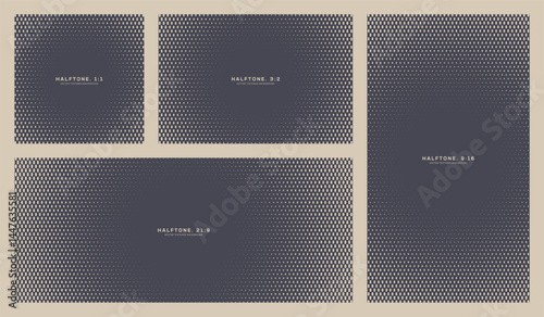 Abstract vector halftone backgrounds collection with oval-shaped dash textures. Includes square, vertical, ultra wide and classic 3:2 formats. Great for graphic assets, tech layouts or UI compositions