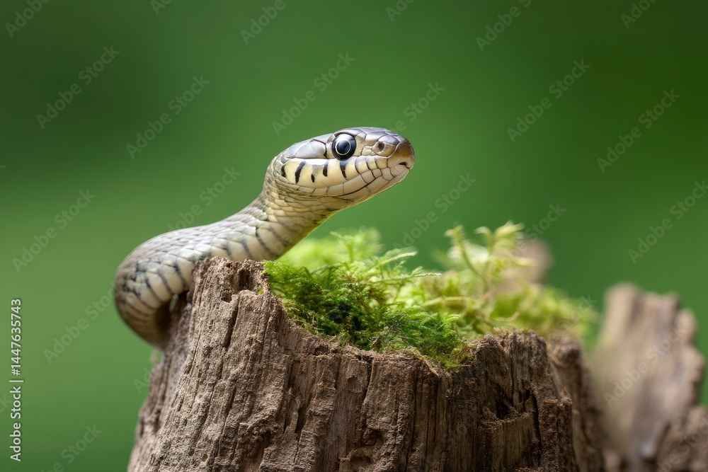 Fototapeta premium Snake on Tree Stump with Moss
