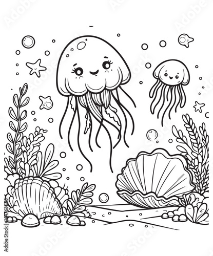 Coloring book jellyfish floating above seashells and seaweed on the ocean floor