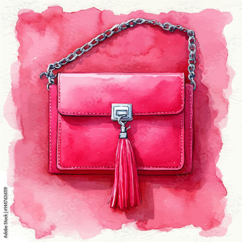 Leather Crossbody Bag With A Tassel, vector watercolor illustration, isolated on a white background.