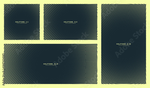 Backgrounds pack with stylized halftone dot rotation in yellow and dark contrast. Includes square, 3:2, 9:16, cinematic 21:9 formats. Ideal for contemporary layouts, posters, branding or tech visuals