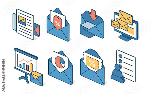 Email marketing icons set – envelope, discount, message, analytics, monitor, chart, list, contact