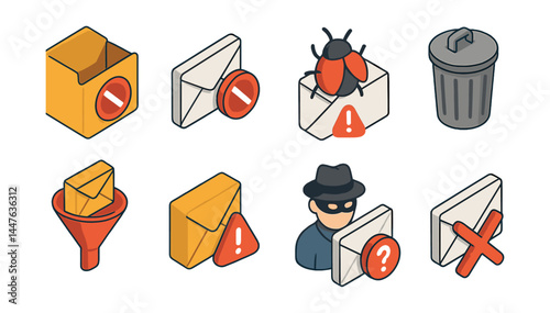 Spam filter icons set – email, filter, alert, inbox, bug, trash, warning, spammer, message