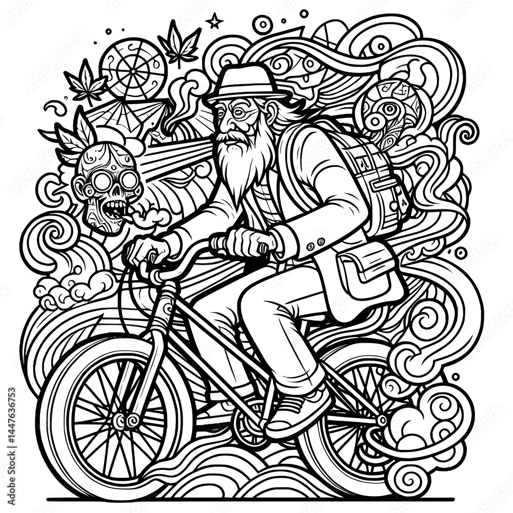 Naklejka premium Vintage Cyclist Illustration with Psychedelic Elements