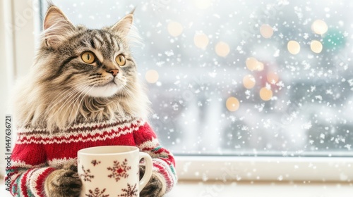 Cozy Cat Contemplation: A charming cat, clad in a festive sweater, finds solace and warmth near a frosted window, enjoying a peaceful moment with a warm beverage in a snow-kissed setting.