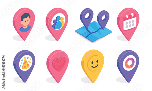 Isometric social icons set: profile, group, location, calendar, food, heart, smile, photo