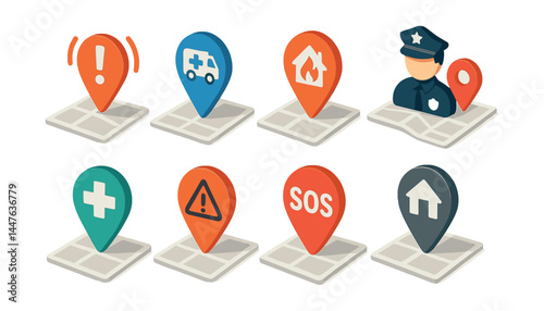 Emergency location icons set – sos, police, ambulance, fire, warning, hospital