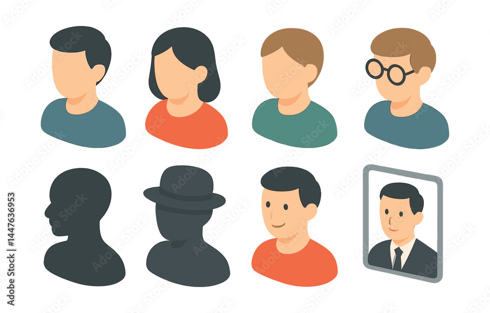 Isometric avatar icons set – people, characters, profiles, silhouette, cartoon, simple, diverse, headshots, glasses, hat Isometric avatar icons set – people, characters, profiles, silhouette, cartoon, simple, diverse, headshots, glasses, hat