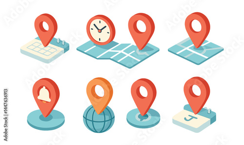 Isometric calendar and navigation icons set – map, clock, calendar, alert, globe, pin, date