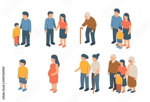 Multigenerational family icons set – parenting, aging, children, grandparents, kinship, generations
