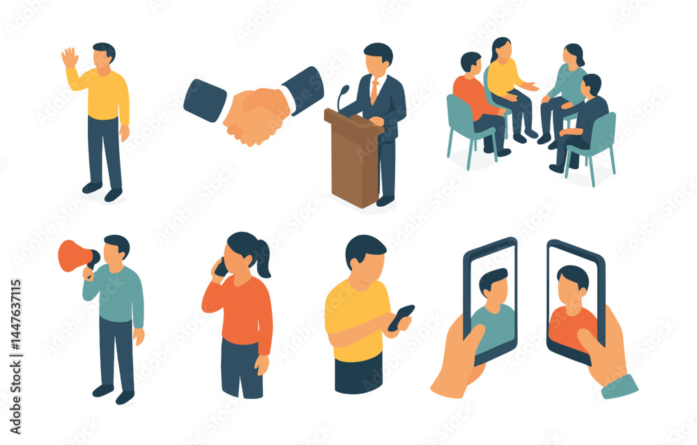 Interactive communication icons set – conference, handshake, speaker, selfie, phone, megaphone, group Interactive communication icons set – conference, handshake, speaker, selfie, phone, megaphone, group