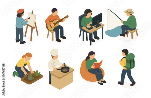 Hobbies and recreation icons set – painting, guitar, gaming, fishing, gardening, cooking, reading, hiking