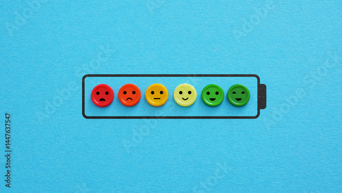 Battery level and charging. Happiness, vitality and mental wellbeing. Low battery indicator as symbol of depression, frustration and high workload