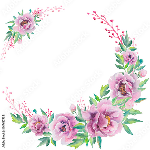 Fototapeta Naklejka Na Ścianę i Meble -  Elegant watercolor peony frame in soft pink tones and rabbits. Ideal for invitations, wedding stationery, logos, and feminine branding. PNG format with transparent background.