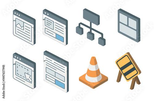 Website construction icons set – page, layout, sitemap, wireframe, traffic, alert