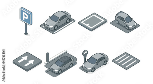 Isometric parking icons set – sign, car, spot, reserved, hatchback, sensors, payment