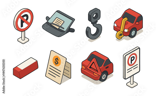 Parking violation icons set – no parking, towing, ticket, clamp, warning, tow zone