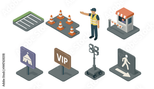 Event parking icons collection – cones, attendant, barrier, vip, tent, pedestrian, lighting
