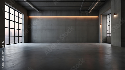 Empty loft-style room with grey wall and raw concrete floor, minimalist industrial interior, ideal blank studio space for design or product mockups.