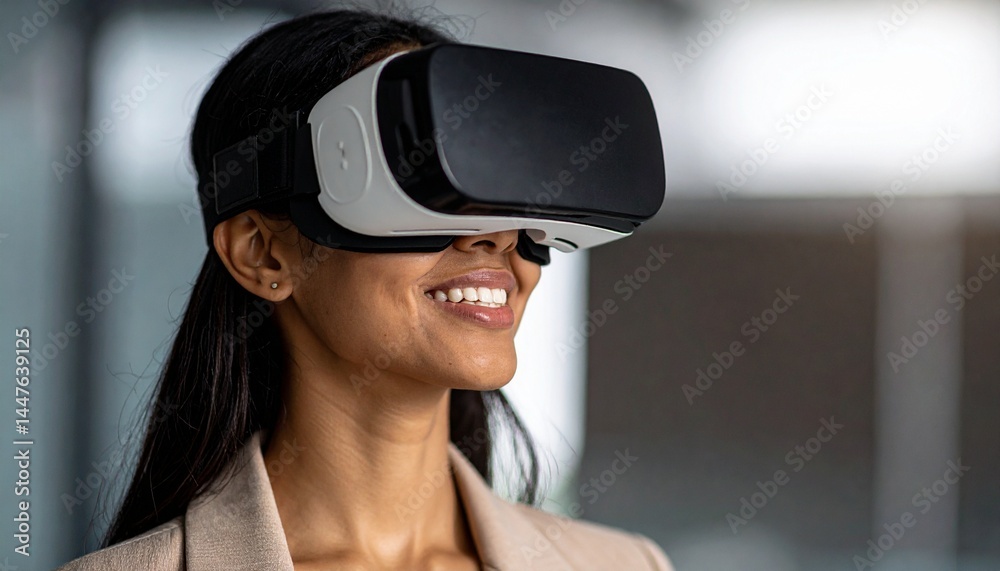 A woman smiles while using a virtual reality headset in a modern indoor environment. A woman smiles while using a virtual reality headset in a modern indoor environment.