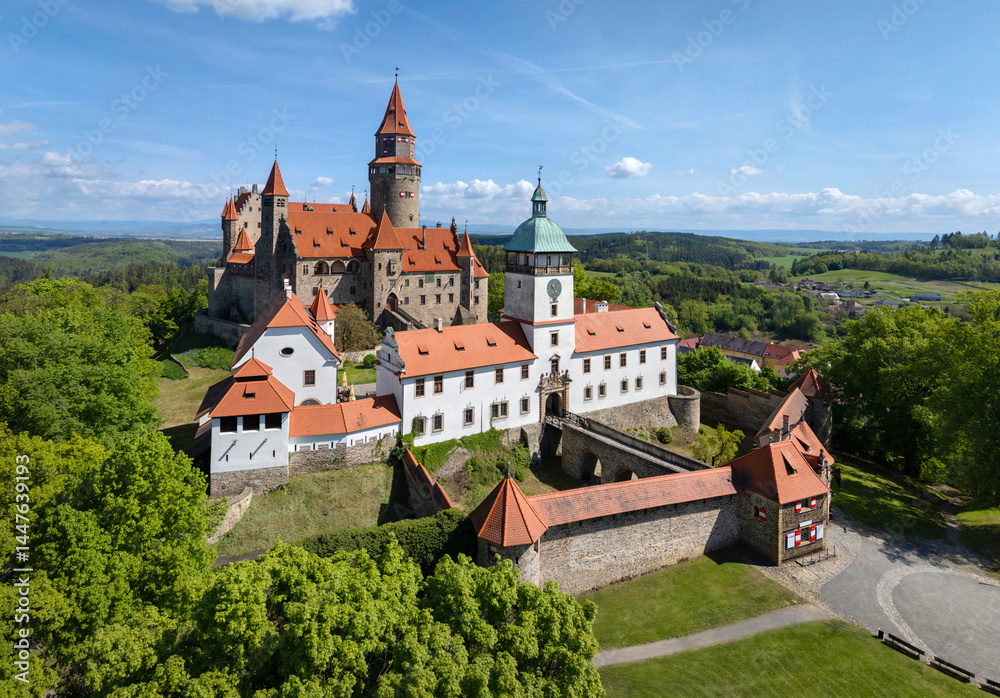 Aerial view of Bouzov Castle (Hrad Bouzov) in Olomouc Region of the Czech Republic