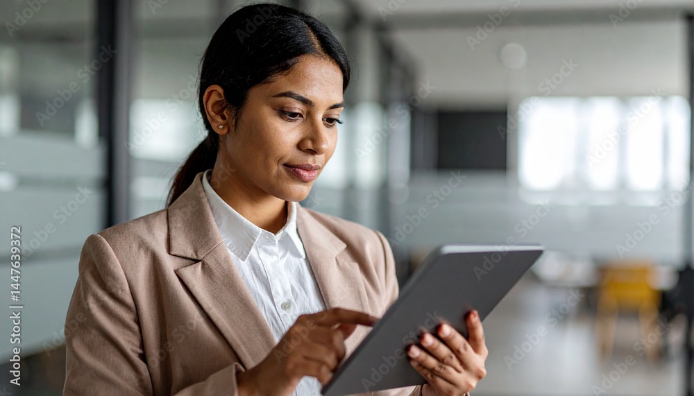 Obraz premium A professional woman in a business suit uses a digital tablet in a modern office setting.