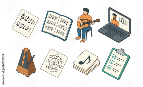 Music learning tools icons set – sheet music, guitar, online lesson, metronome, checklist