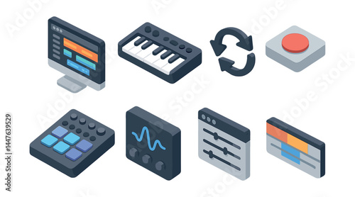Music production icons set – computer, keyboard, loops, button, pads, waveform, sliders, tracks