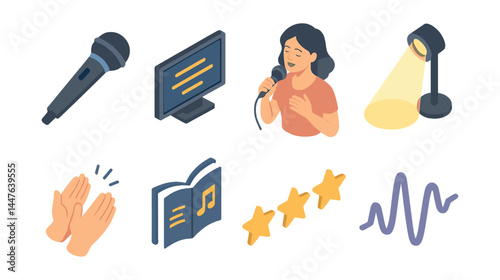 Karaoke night icons set – microphone, singer, spotlight, lyrics