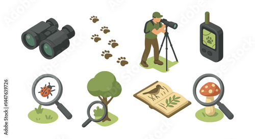 Nature exploration icons set – binoculars, footprints, photographer, gps, insect, tree, birdbook, mushroom