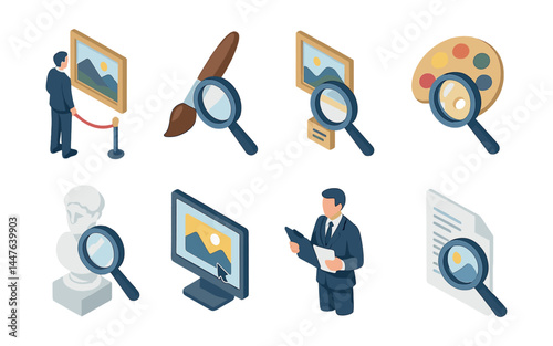 Art gallery exploration icons set – magnifier, painting, statue, palette, document, brush
